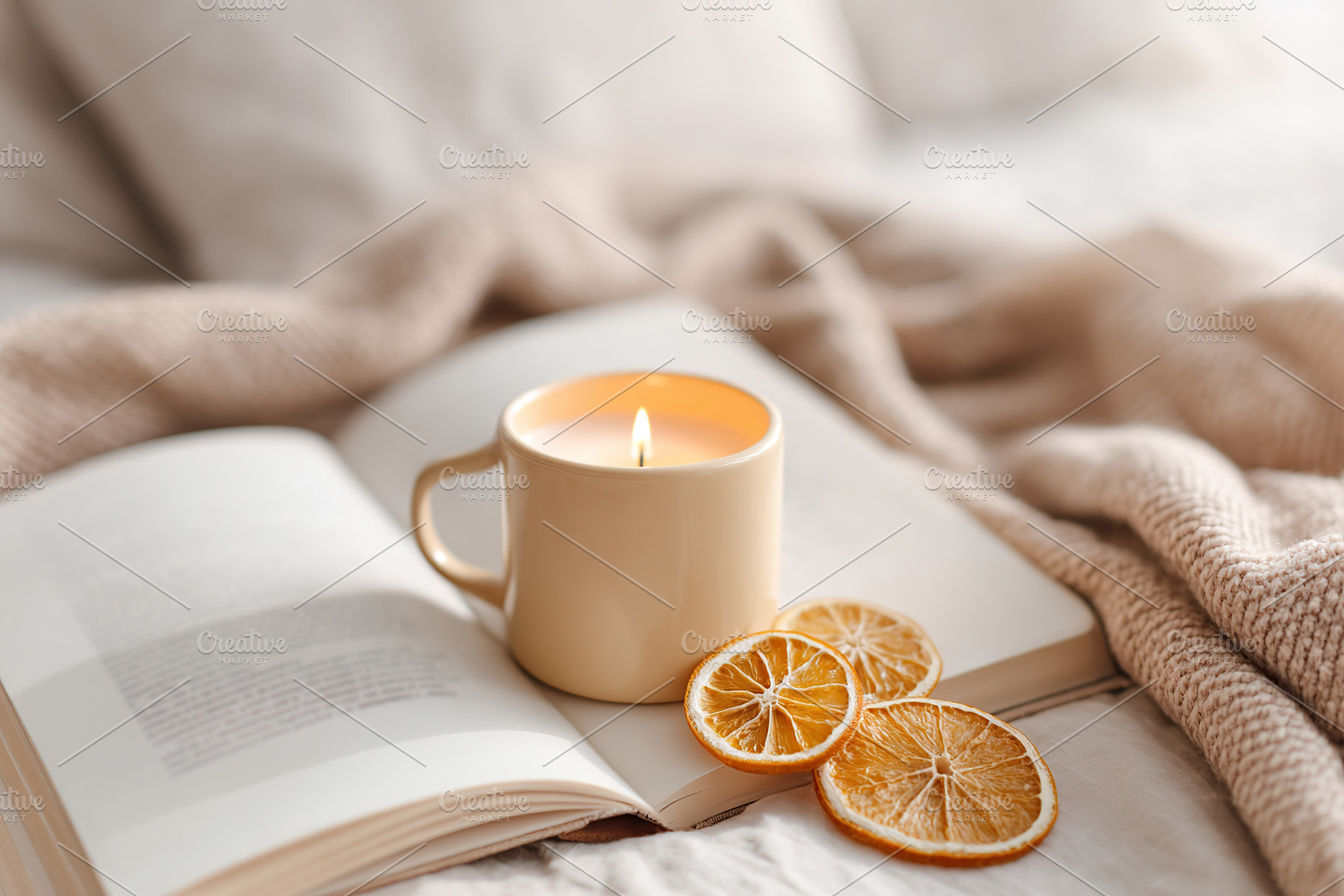 Cozy indoor flat lay with a ceramic mug candle and dried orange slices on a bla, a Food & Drink Photo by AlyaAnd