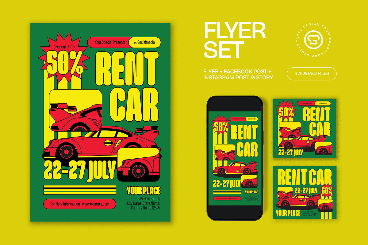 Green Quirky Rent Car Flyer Set, a Flyer Template by graphicook (Photo 1 of 3)