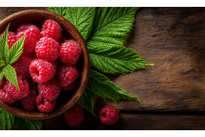 A bowl of organic raspberries with, a Food & Drink Photo by ZinetroN