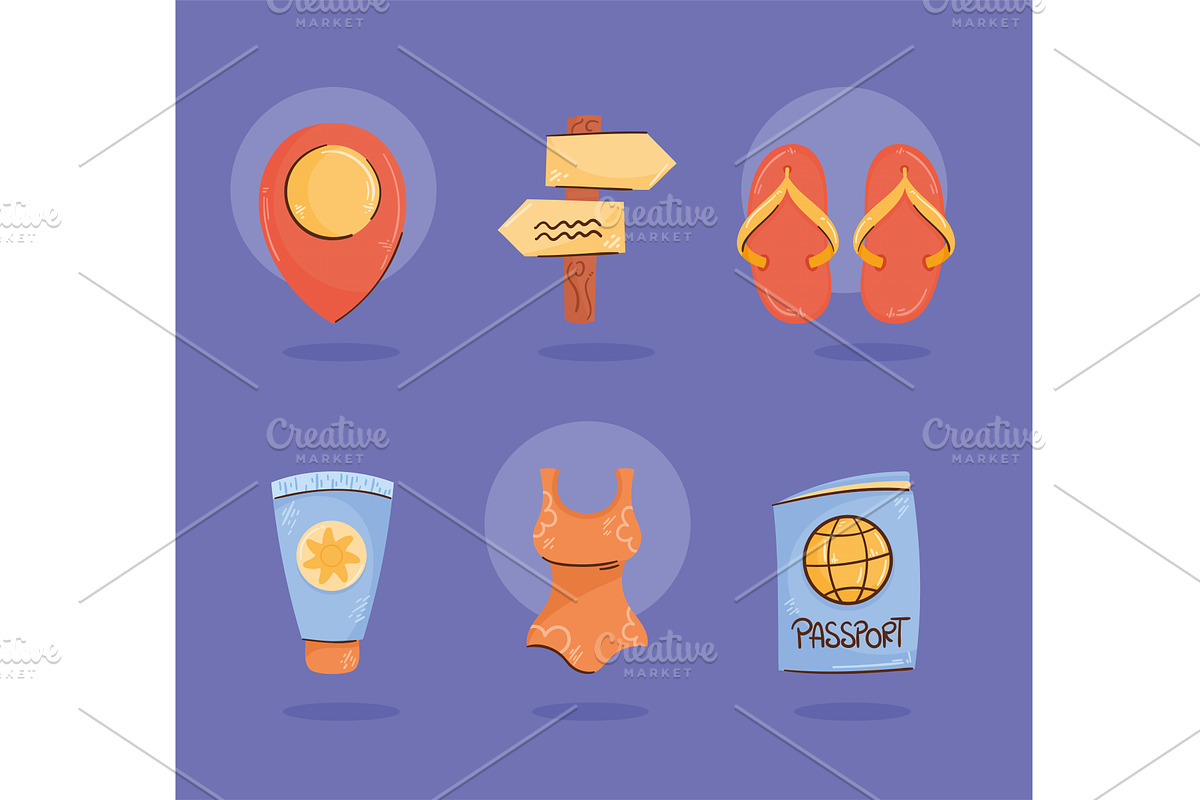 six travel vacations icons, an Object Illustration by studiogstock