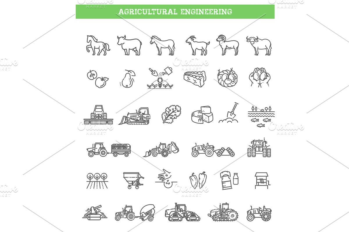 Agricultural and farming icons set, an Illustration by Tettygreen