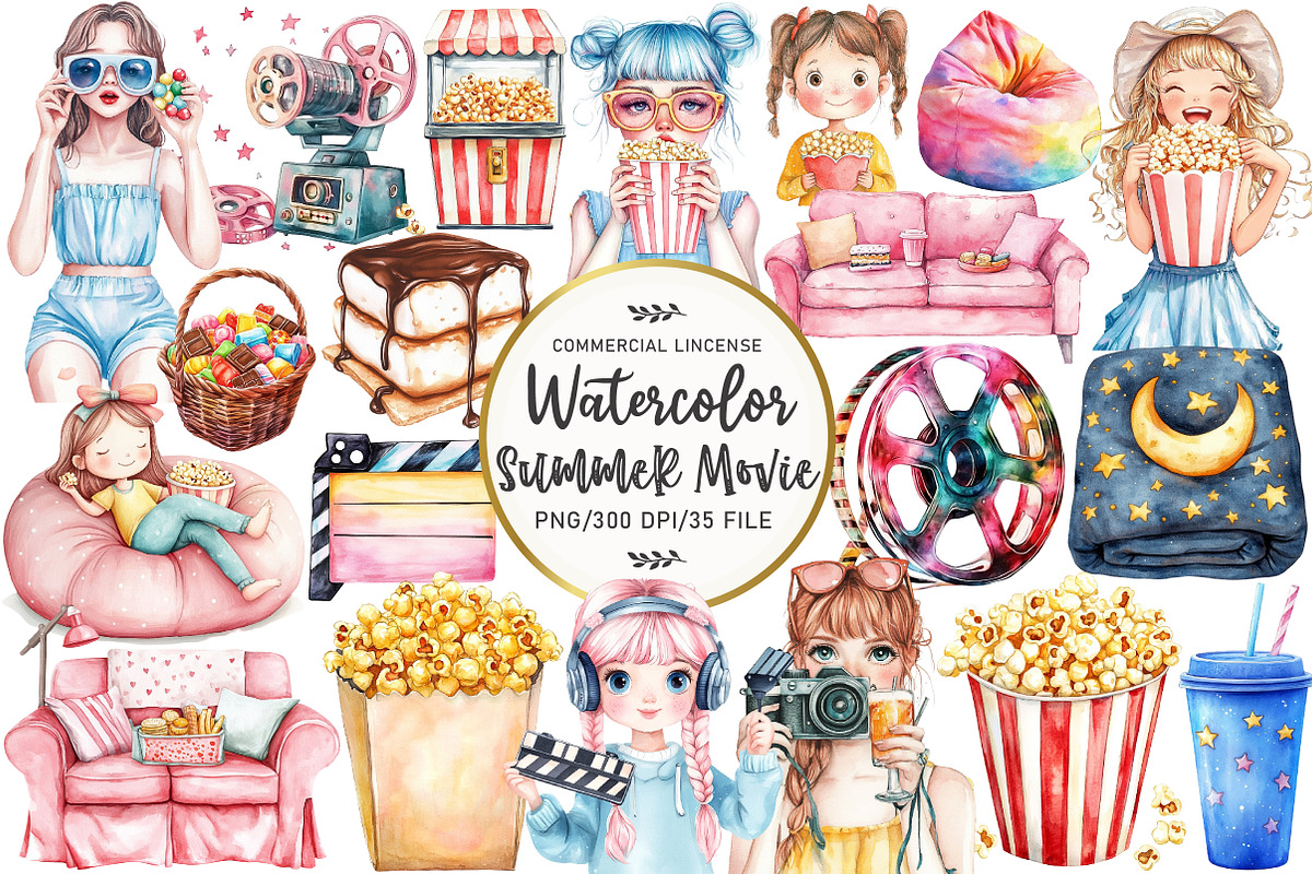 Summer Movie Night Clipart, an Illustration by OK Design (Photo 1 of 5)