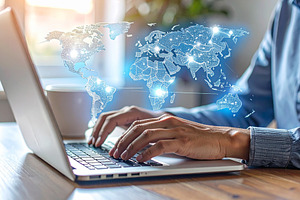 Hands typing on a laptop with a floating hologram map, a Technology Photo by DanFLCreativo