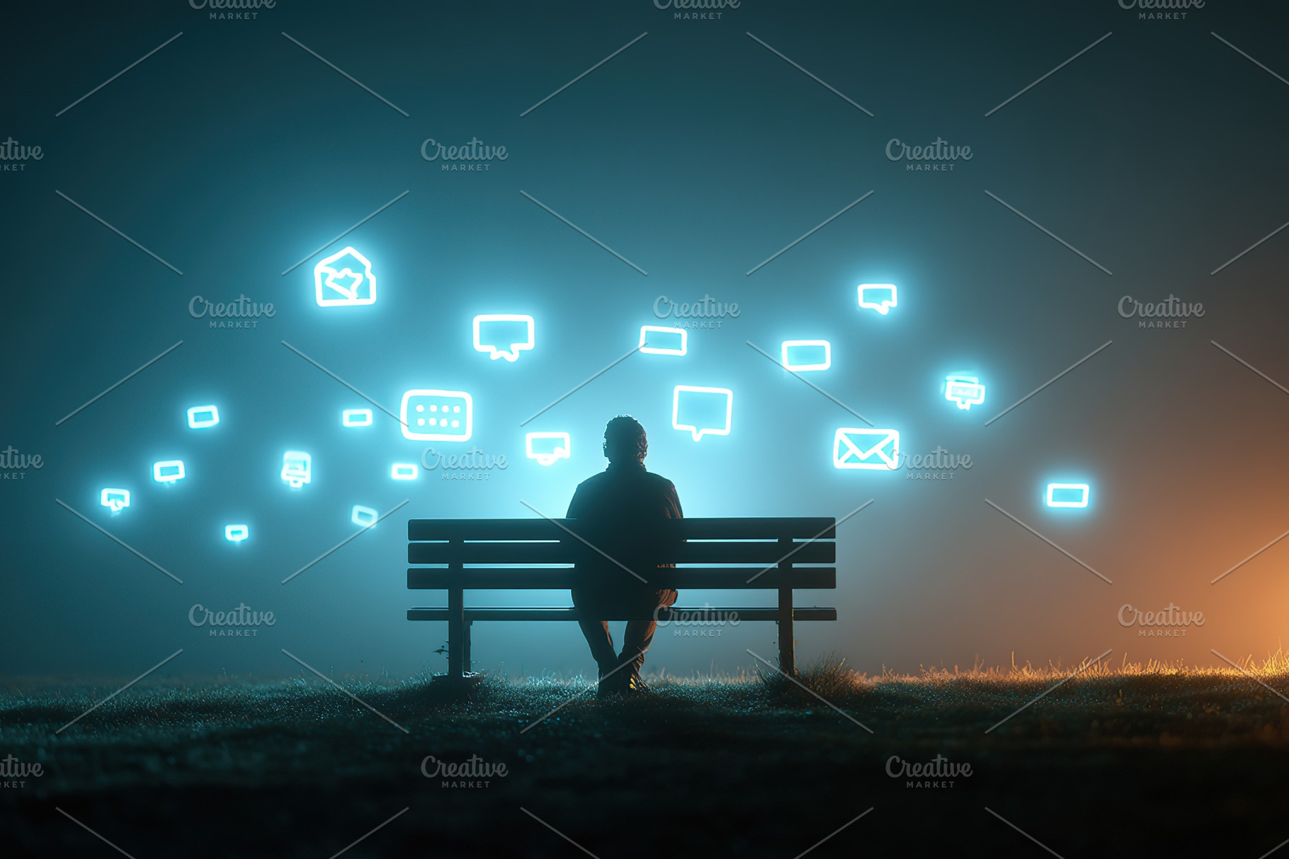 Isolated figure on a park bench surrounded by glowing communication symbols at, a Photo by AlyaAnd