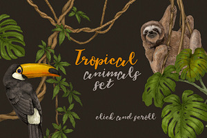 Tropical Jungle Animals, Plants Set