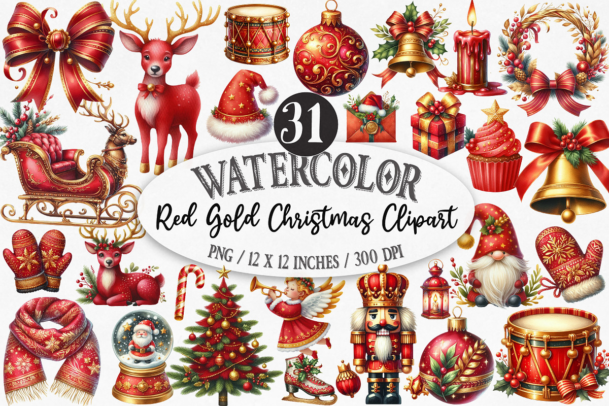 Red Gold Christmas Clipart Bundle, an Illustration by Designking (Photo 1 of 5)