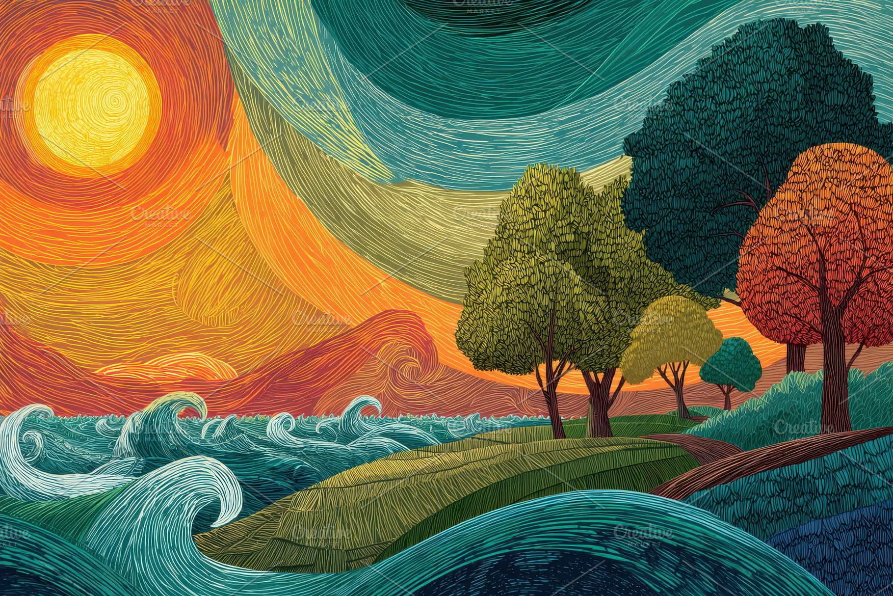 Colorful landscape with waves, sun,, a Photo by Pavel_design