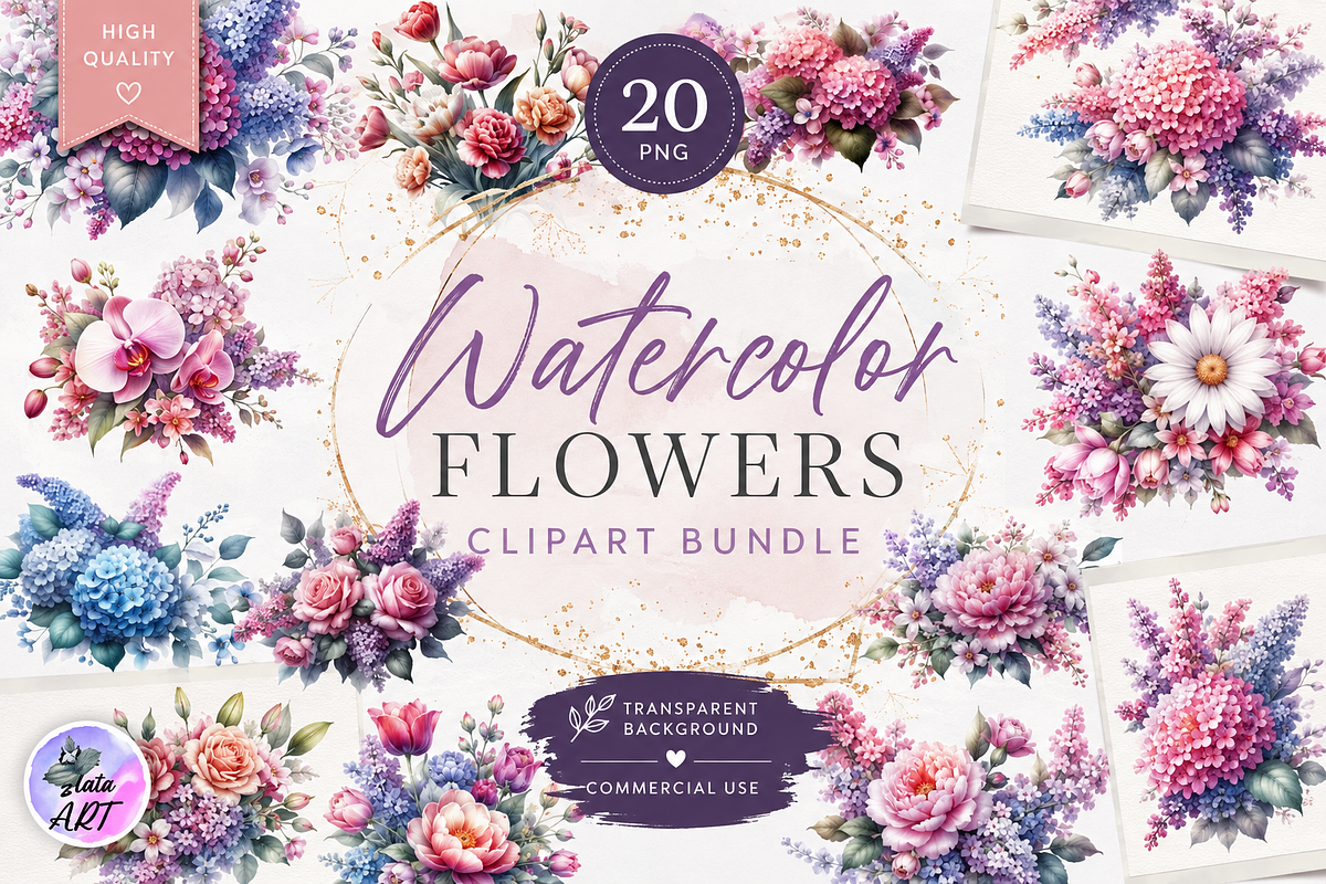 Watercolor Spring Flowers Clipart, a Decorative Illustration by ElenazlataArt (Photo 3 of 6)