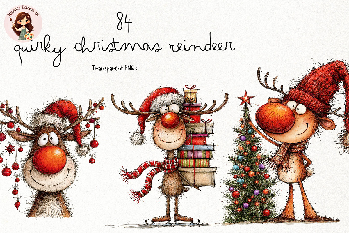 Quirky Christmas Reindeer Clipart, a Seasonal Illustration by Nicolle's Colorful Art (Photo 1 of 5)