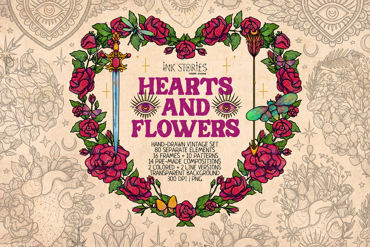 Hearts and Flowers Boho Vintage Set, a Decorative Illustration by Ink Stories (Photo 1 of 24)