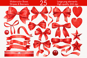 Red watercolor Bows Stripes Ribbons