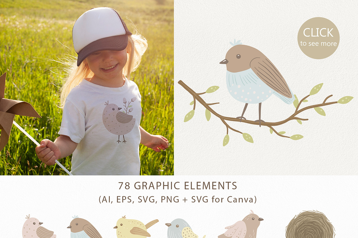 Little Birds clipart & pattern kids, a Decorative Illustration by polikarpovaart (Photo 5 of 9)