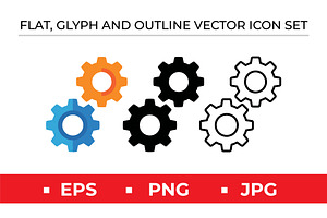 Gear Settings Icons Flat Glyph Line, an Outline Icon by Artonix
