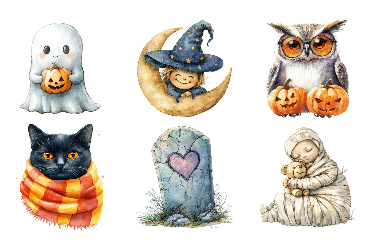 Watercolor Cute Halloween Clipart, an Illustration by SinaCreation (Photo 2 of 5)
