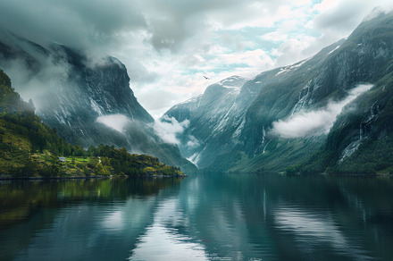 A serene fjord stretches between tow, a Photo by Tanuart