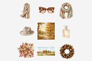 Hello Autumn Watercolor Clipart, a Seasonal Illustration by Tanya Kart (Thumbnail 3 of 17)