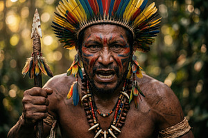 Elder in traditional garb with spear, a Photo by Beautiful things