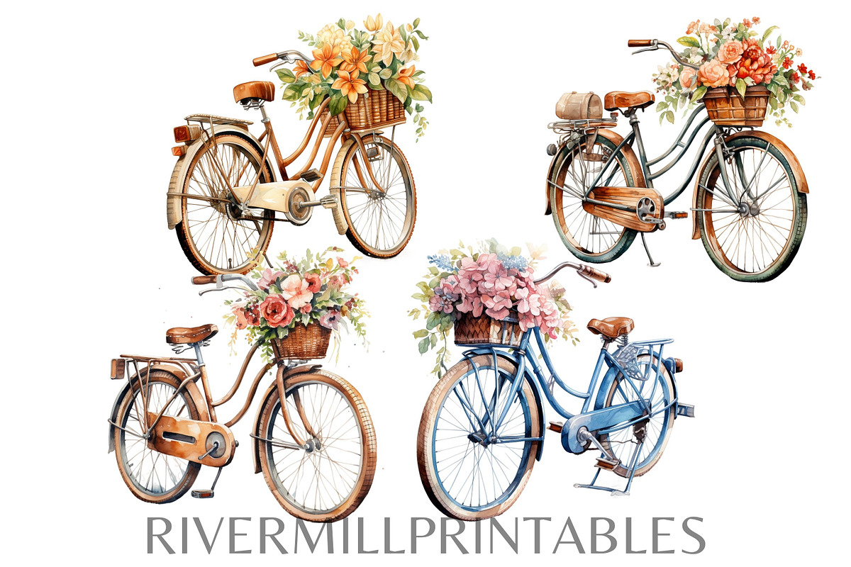 Vintage Bicycles & Flowers Clipart, a Transportation Illustration by Rivermill Printables (Photo 4 of 4)