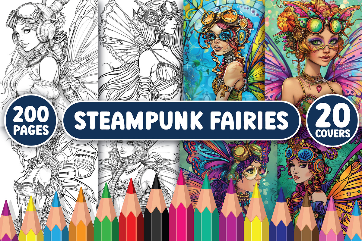 200 Steampunk Fairies Coloring Pages, an Education Illustration by ...