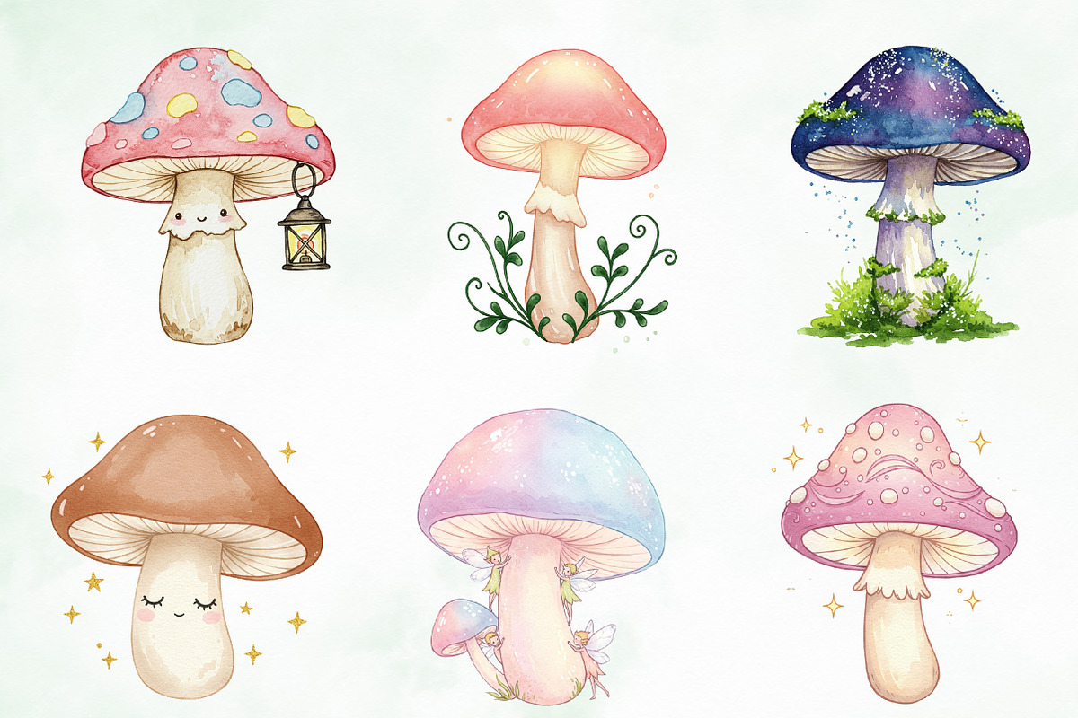 Watercolor Cute Magic Mushroom Png, an Illustration by Creative Art (Photo 3 of 9)
