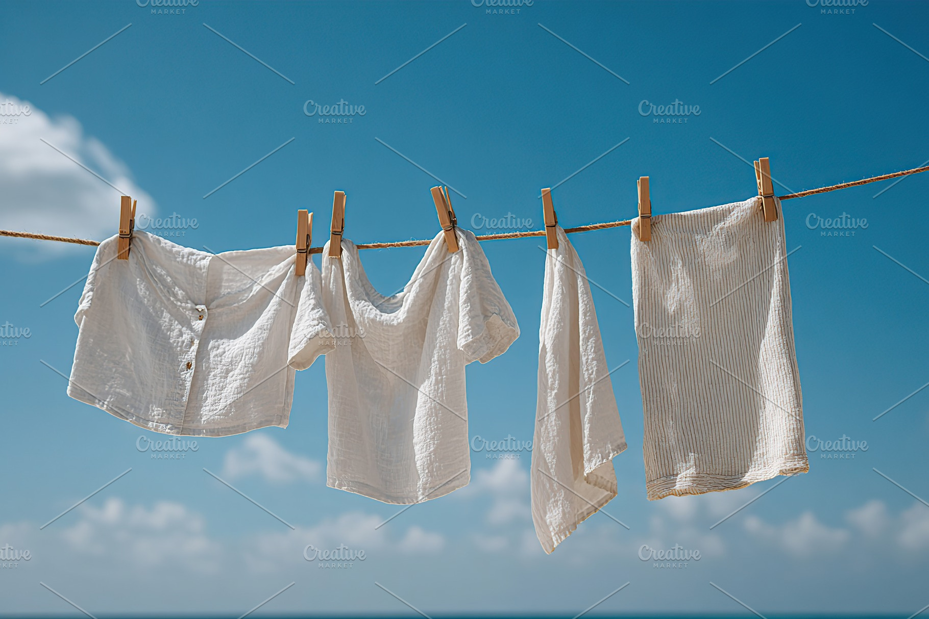 Linen garments drying in the sun against a clear blue sky by the coastline, a Beauty & Fashion Photo by AlyaAnd