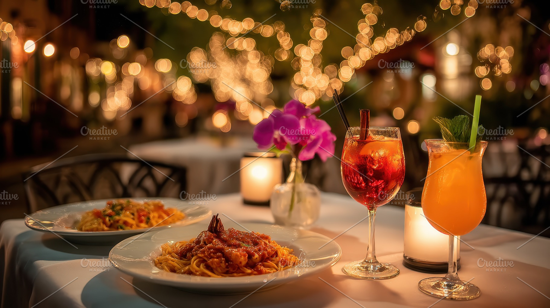Romantic outdoor dinner with pasta a, a Photo by Pixeness Studio