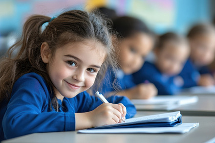 Young students in blue uniforms, a Photo by Pavel_design
