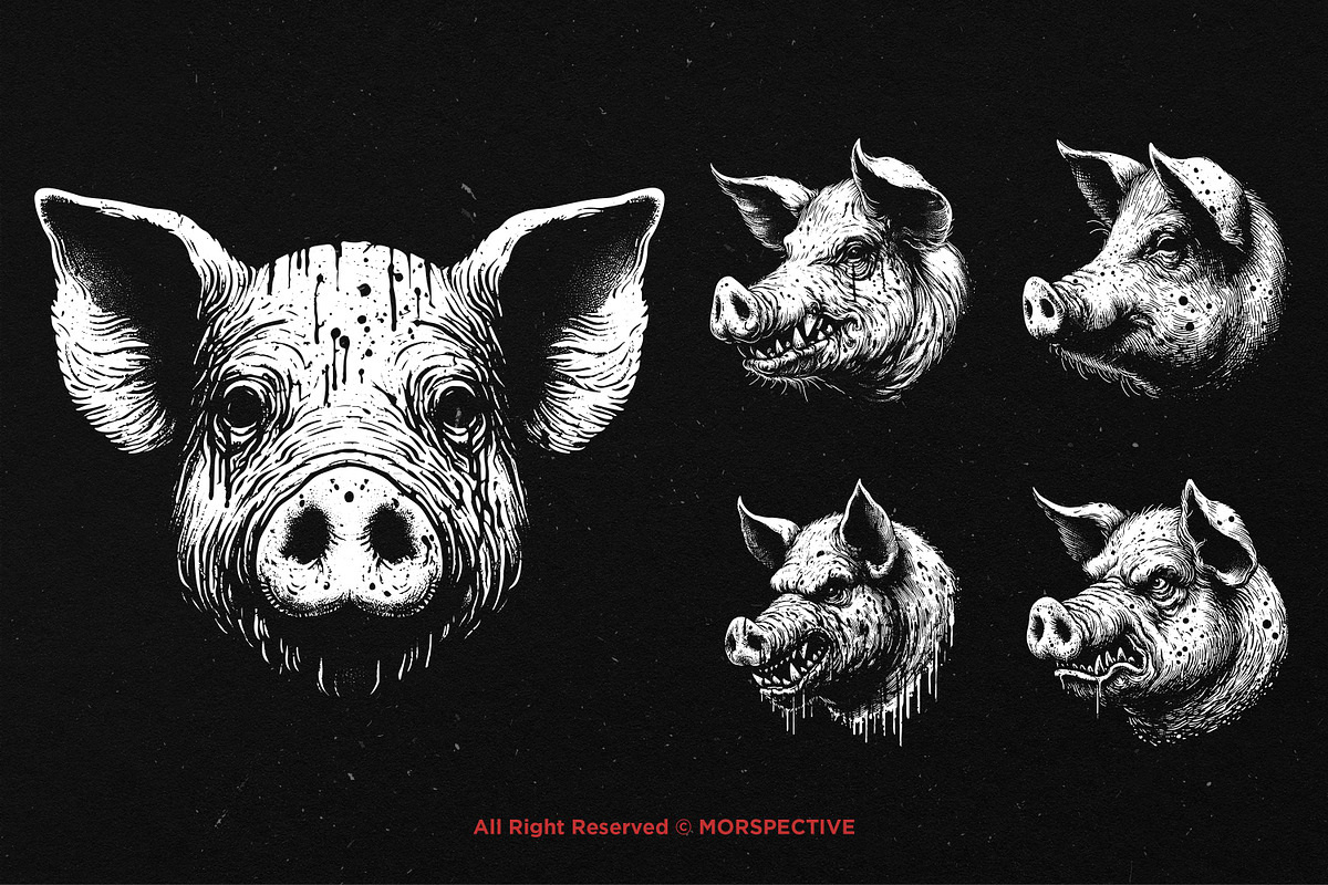 10 Bundle Dark Art Pig Beast Scary, an Illustration by Morspective (Photo 3 of 7)