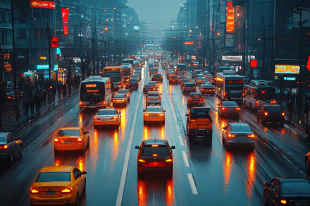 Busy city street under rain with car, a Photo by Tanuart