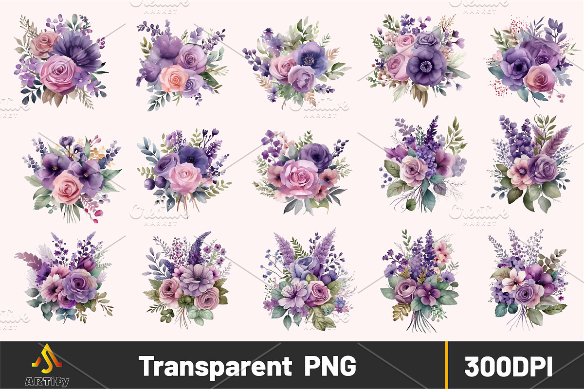 Watercolor Purple Flower Bouquets, a Decorative Illustration by ARTify Illustrations (Photo 1 of 2)