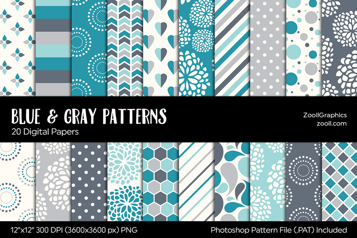 Blue And Gray/Grey Digital Papers, a Pattern Graphic by ZoollGraphics
