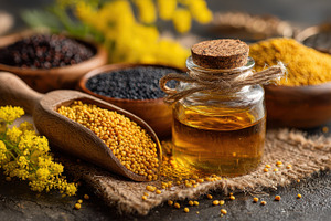 Mustard seeds oil and flowers health, a Photo by Pixeness Studio