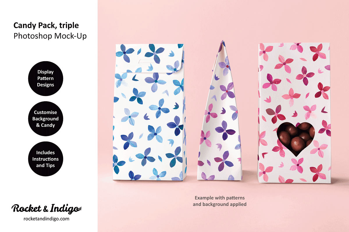 Candy Triple Pack Photoshop Mock-Up, a Packaging Mockup by Rocket & Indigo (Photo 1 of 4)