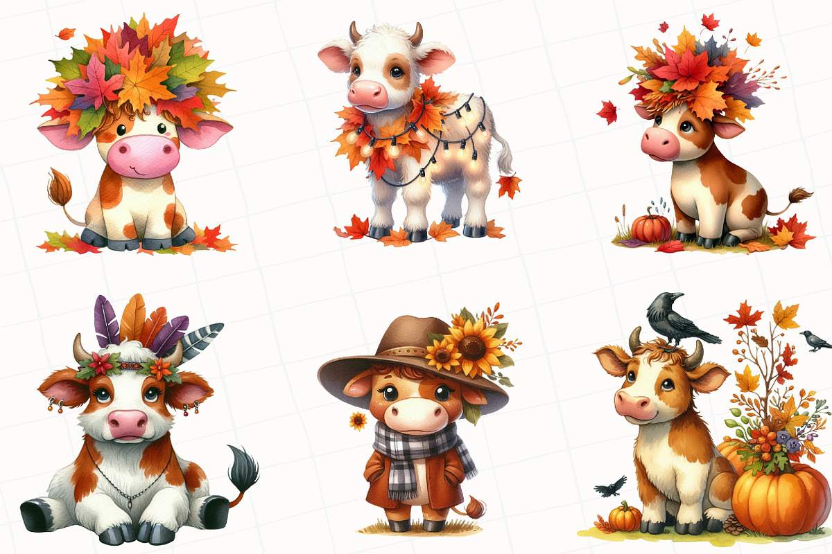 Watercolor Autumn Cow Clipart, an Illustration by OK Design (Photo 2 of 5)