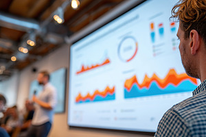 Large screen displaying financial data trends during a business presentation ev, a Business Photo by AlyaAnd