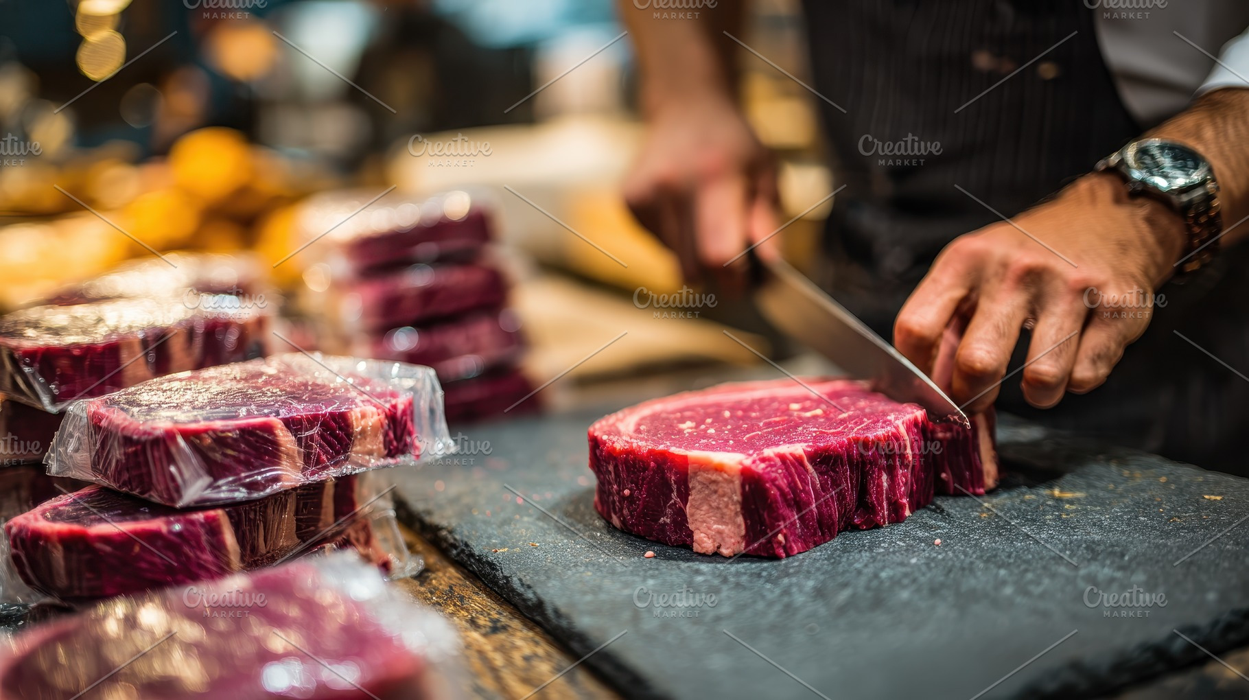 Butcher cutting premium steak meat m, a Photo by Pixeness Studio