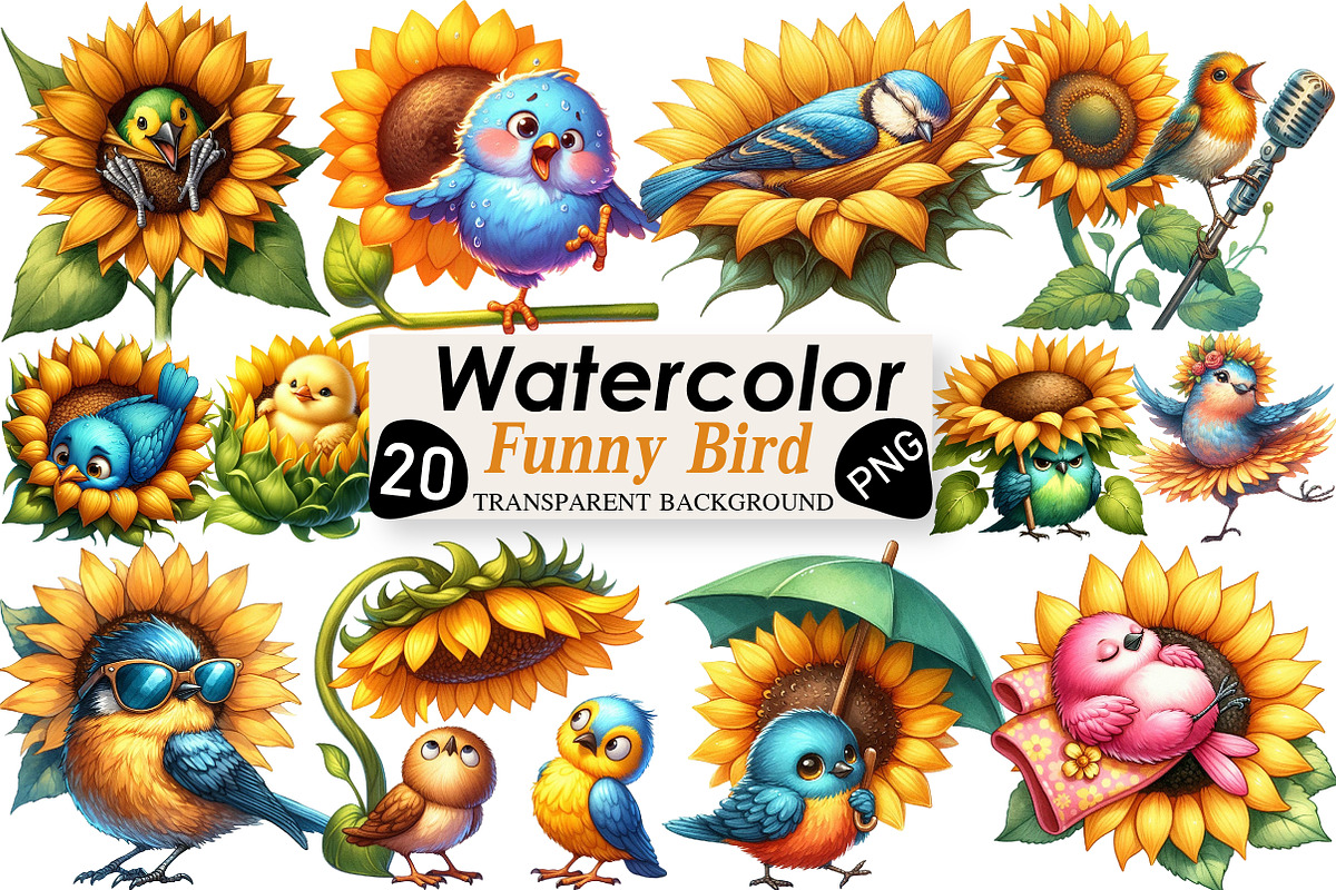 Funny Bird & Sunflower Clipart, an Illustration by Black Bird Studio (Photo 1 of 4)