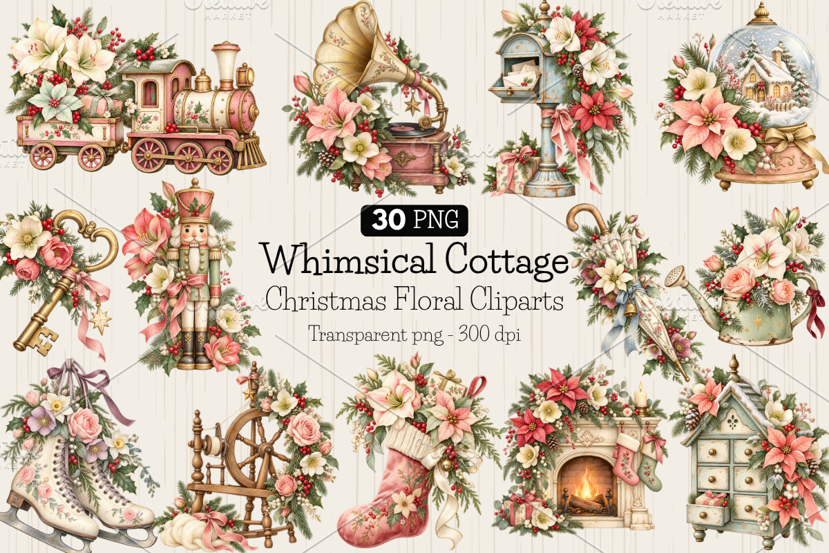 Whimsical Cottage Christmas Cliparts, a Decorative Illustration by Ink Gallery (Photo 1 of 7)