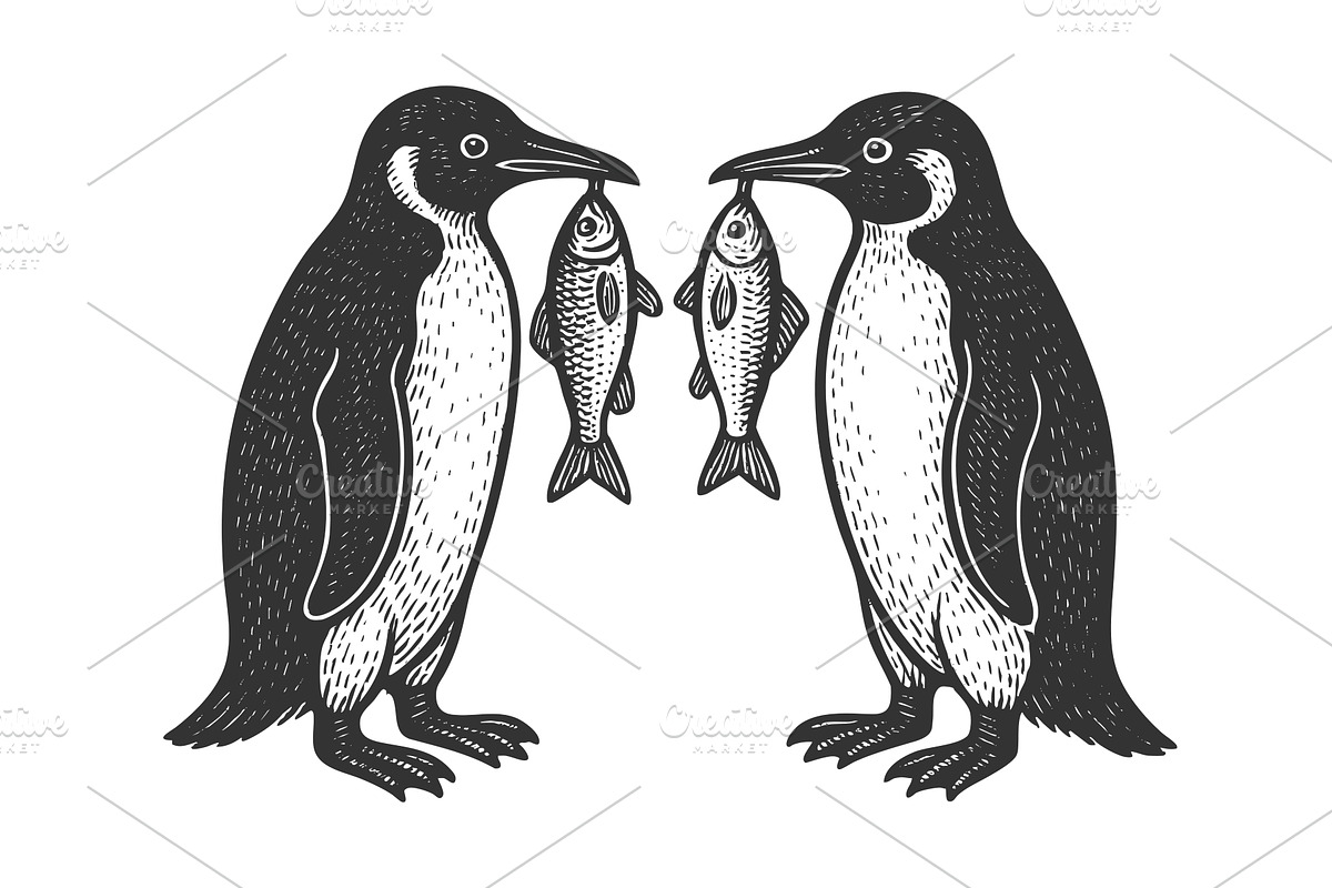 Two penguins holding fish facing, an Animal Illustration by AlexArt