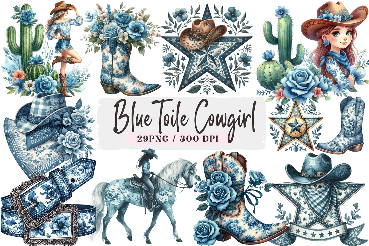 Blue Toile Cowgirl Clipart PNG, an Illustration by DreamArtGraphic (Photo 1 of 4)