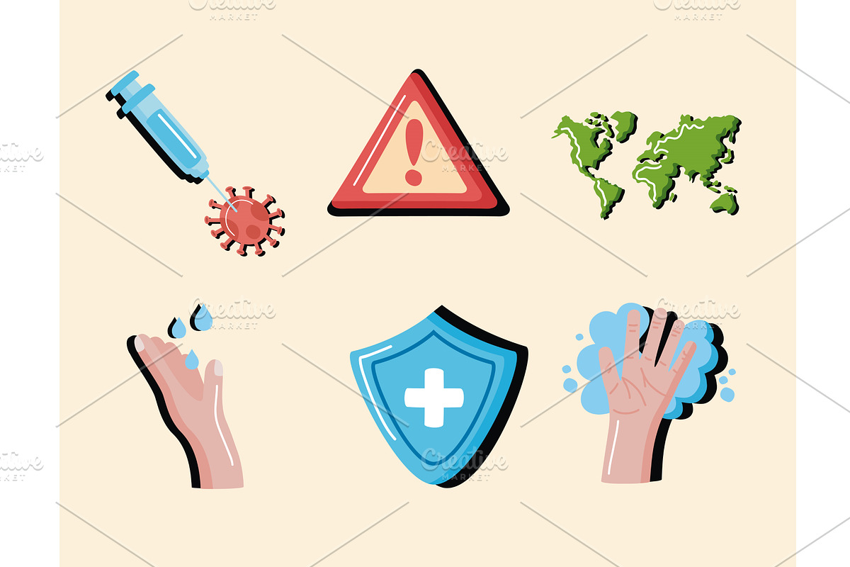 six pandemic conjuncture icons, a Healthcare Illustration by studiogstock