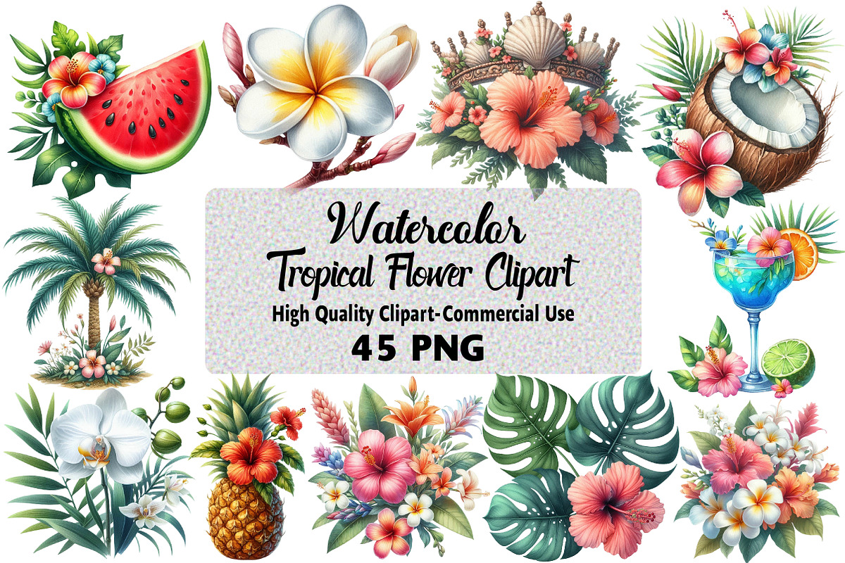 Watercolor Tropical Flower Bundle, an Illustration by Daily.Designs (Photo 1 of 5)