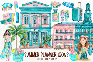 Watercolor Summer Planner Icons Set