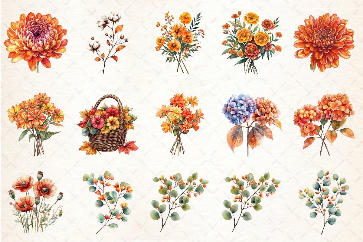 Watercolor Fall Flowers Clipart, an Illustration by Rose Art (Photo 3 of 4)