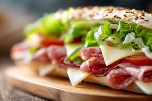 Fresh gourmet sandwich with salami, a Food & Drink Photo by MistyDay