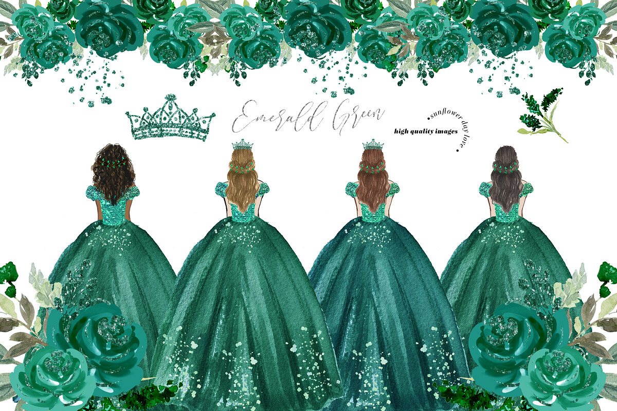 emerald green princess dress clipart Green Princess Dress Clipart, Green Quinceaera, Green Flowers, Geometric  Frames, Sweet 16, Prom, Tiara, Mis Quince Aos, Commercial Use