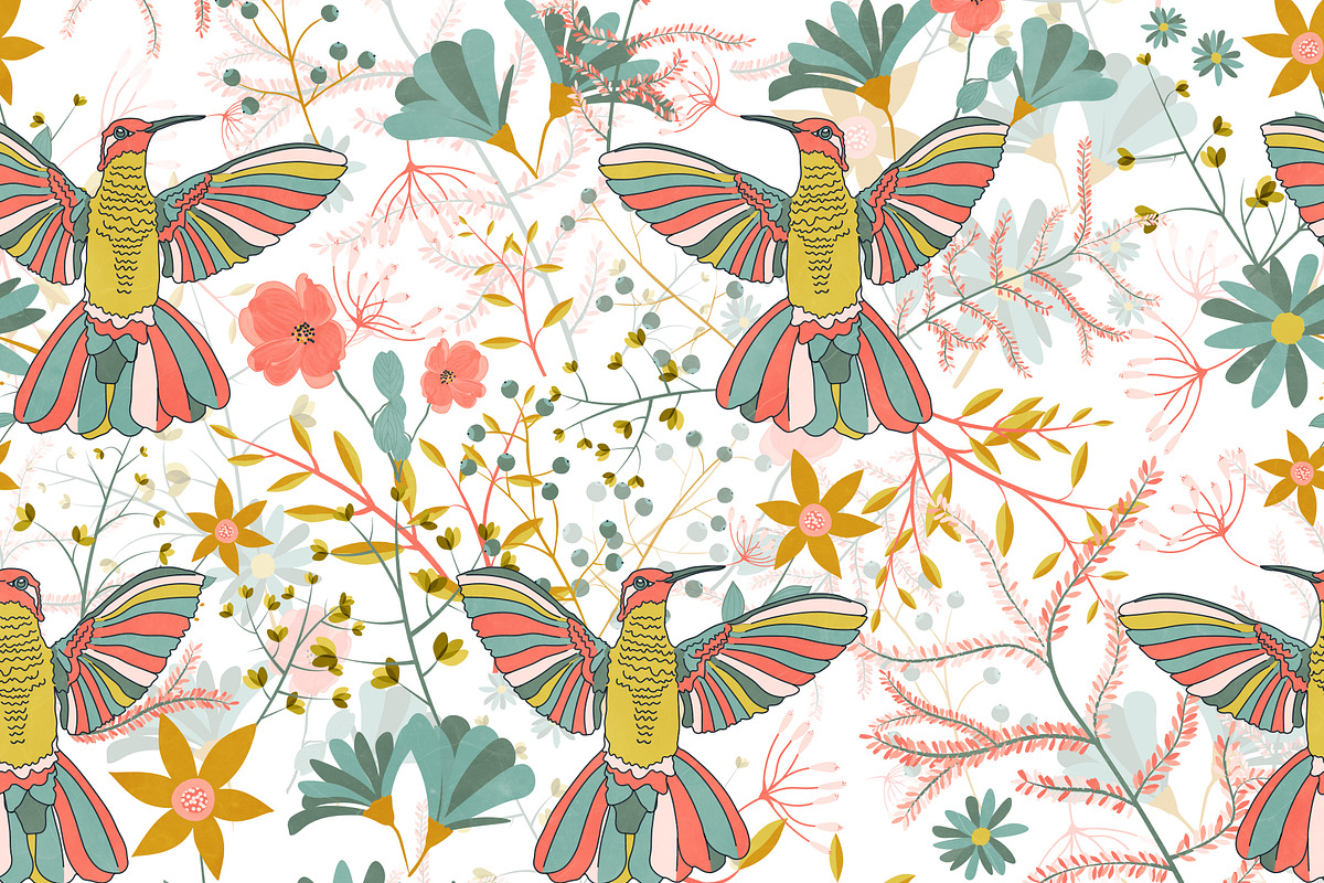 Garden of hummingbirds white, a Pattern Graphic by Cesar Torres