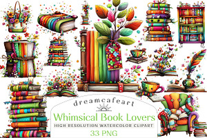 Whimsical Book Lovers Clipart, an Illustration by DreamCafeArt