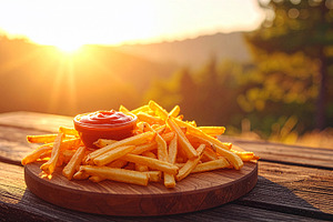 Crispy golden fries on a rustic wooden table bathed in warm, glowing sunset lig, a Food & Drink Photo by DutchDigitalDesign