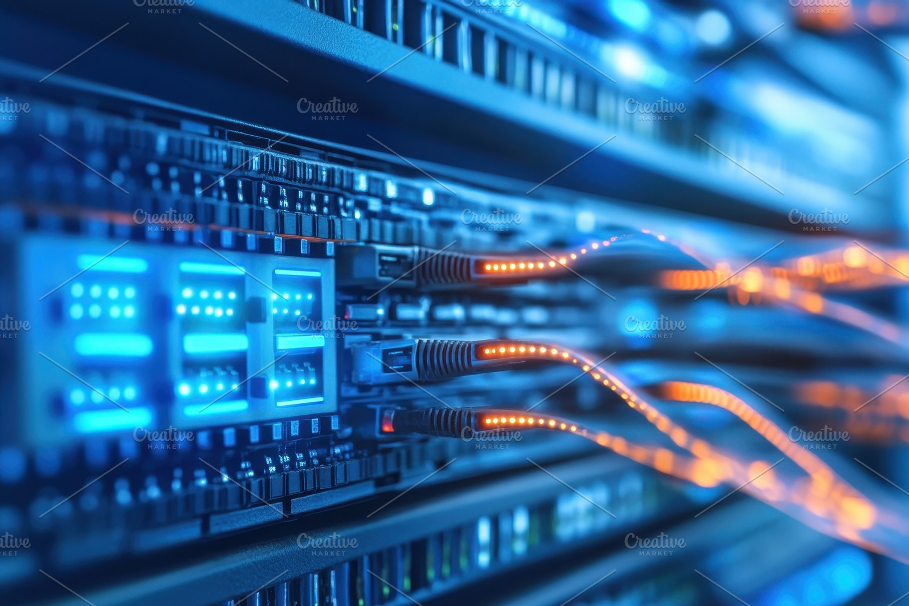Data center with fiber optic cables, a Photo by Pavel_design